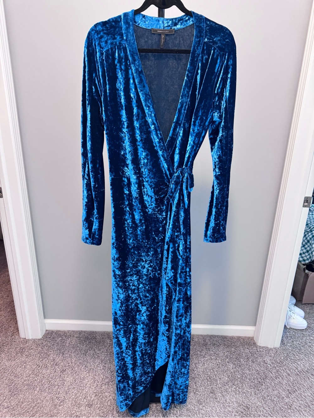 BCBGMaxAzria Teal-Blue Crushed Velvet Wrap Maxi Dress